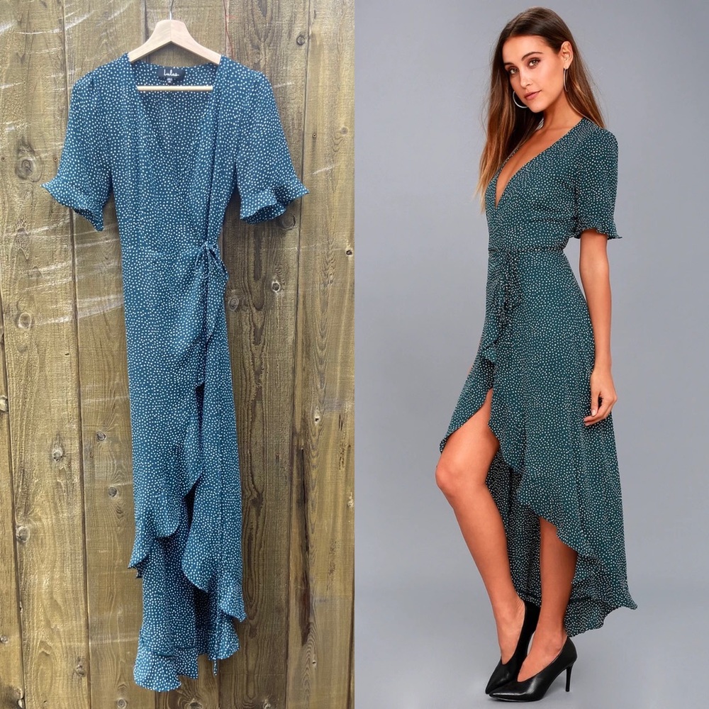 💫 Forest Green and White Polka Dot Ruffle Wrap Dress 🌿